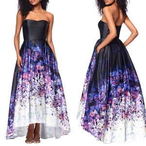 NEW BETSY & ADAM Ombré FLORAL Satin STRAPLESS BONING High Low BALL GOWN